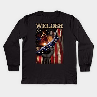 Welder American Flag Patriotic Kids Long Sleeve T-Shirt